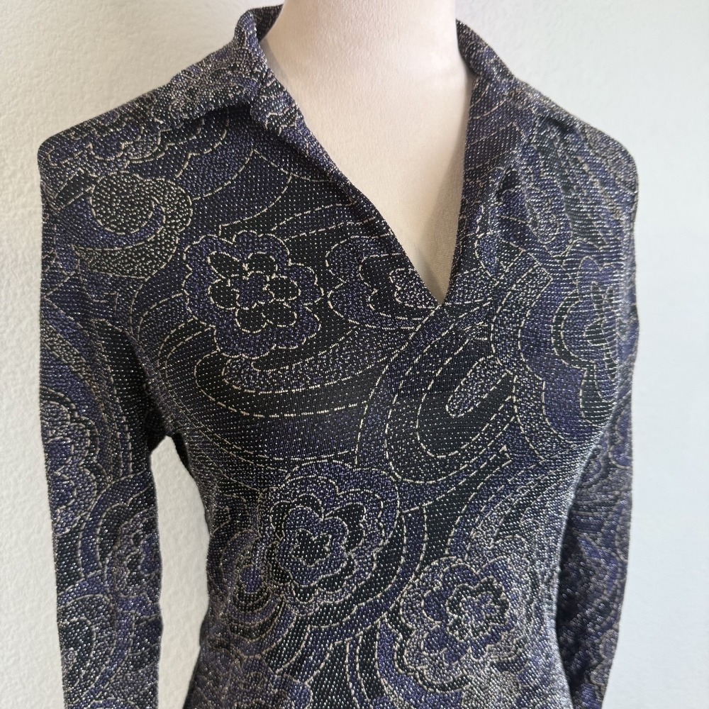 Vintage Sarah B Studios Women's Paisley Sparkle Sequin Collared V Neck Top Sz Sm